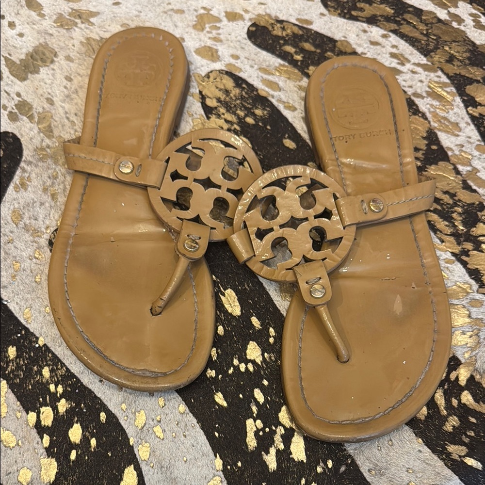 Tory Burch Tan Sandals with Open Toe and Decorative Logo